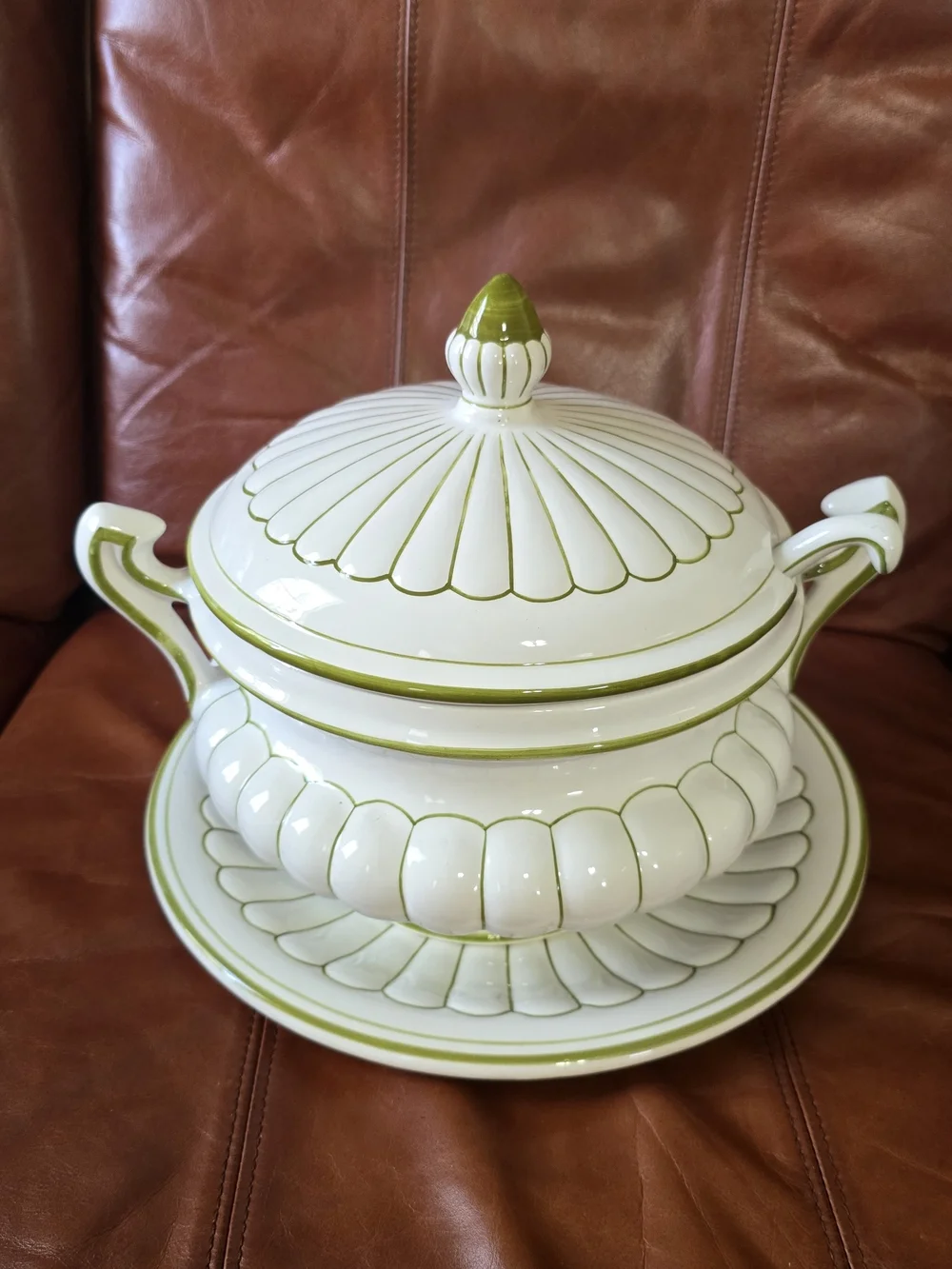 White and Olive Green Lidded Tureen with Underplate